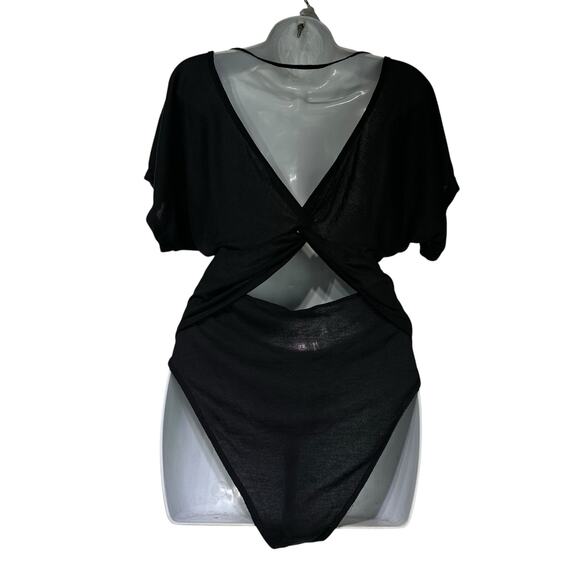 Free People Womens Black Short sleeve Open Back One Piece Bodysuit Jumpsuit M - Picture 2 of 6